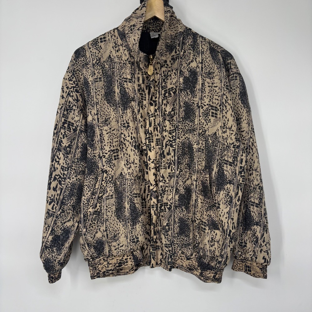 Fuda International Vintage 90s Silk Bomber Jacket L Abstract Animal Print Tan